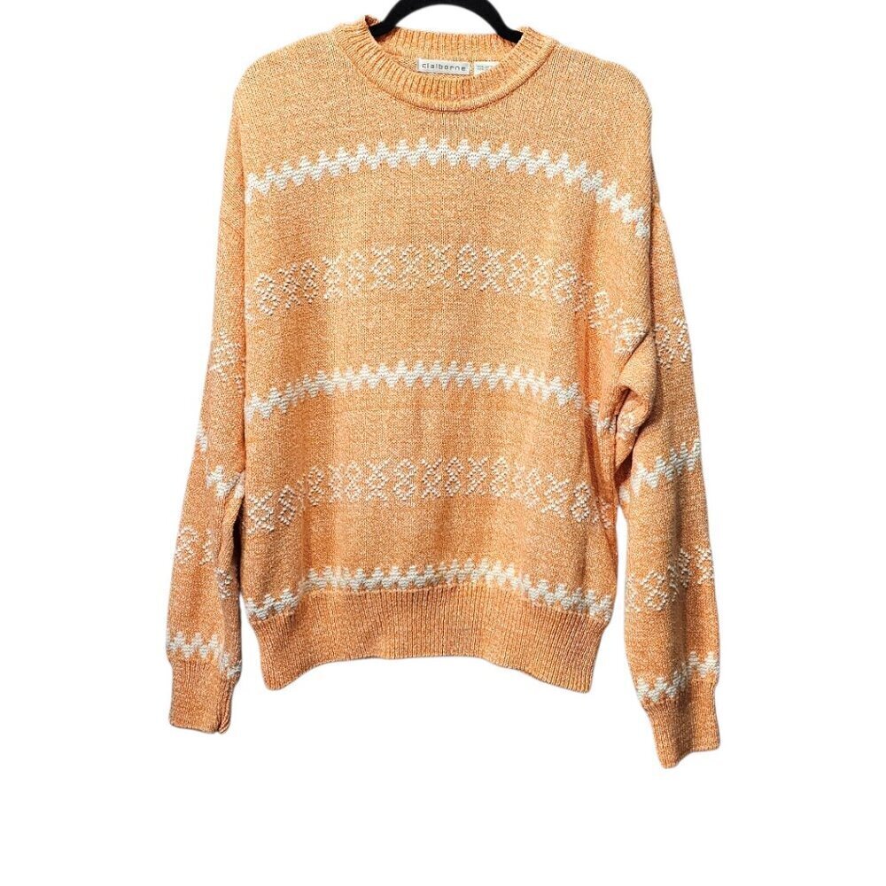 Claiborne Knit Long Sleeve Crew Neck Cotton Orange And White Pull Over Sweater